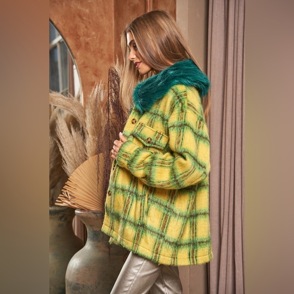 🔵 145B. Fuzzy Multi Plaid Button Front Jacket - Yellow/Green - Picture 3 of 6